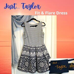 Just…Taylor - Navy and White Flare Dress w/ Pockets - 10